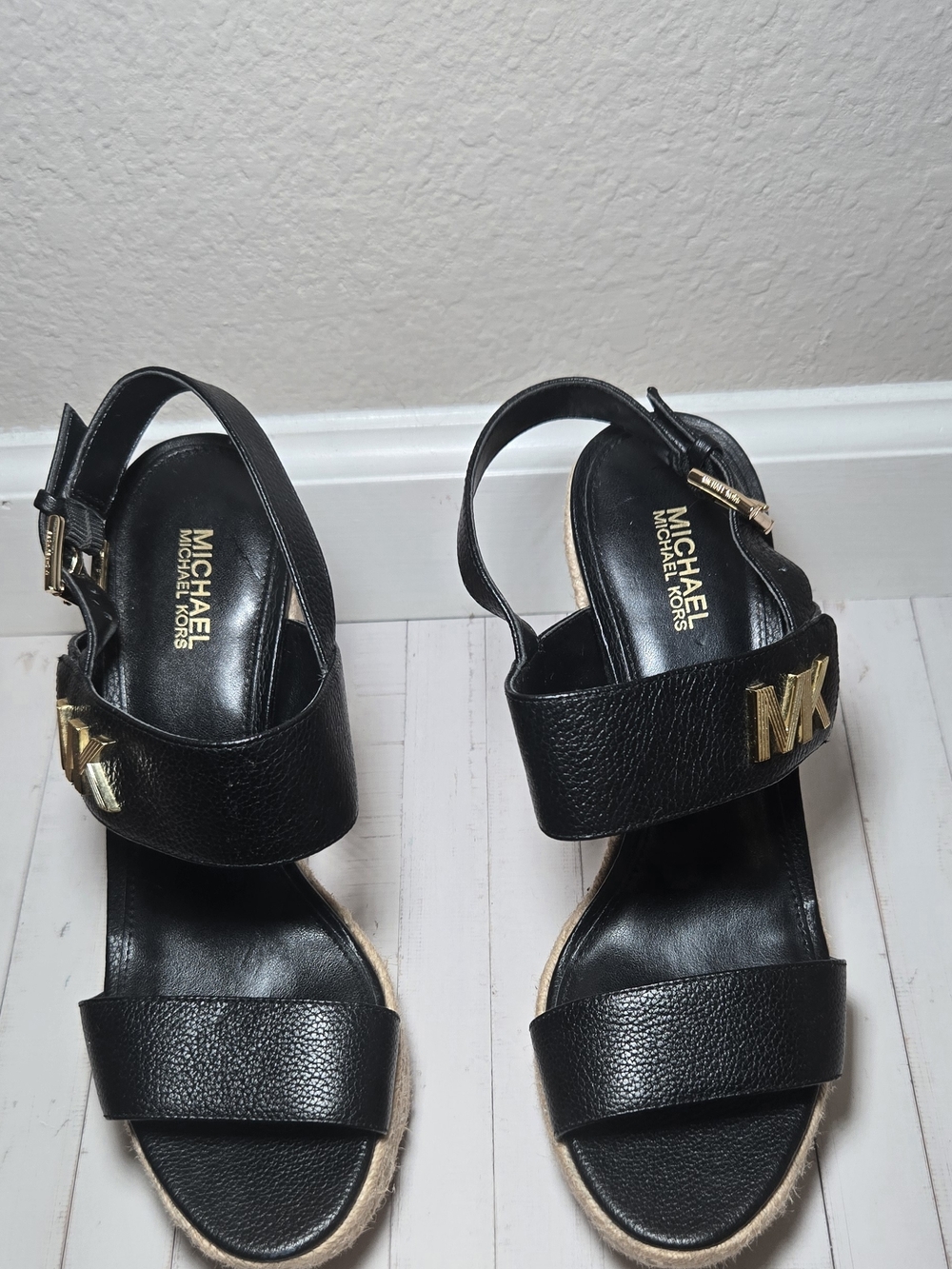 Michael Kors Black Leather MK Logo Wedge Sandals